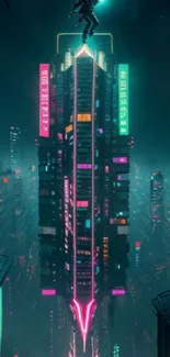 Cyberpunk cityscape with neon lights and futuristic skyscraper.