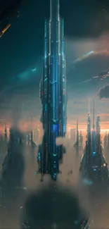 Futuristic cityscape with towers and clouds in dark cyan and orange hues.