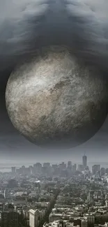 Urban skyline with a giant hovering planet in a gray atmosphere.