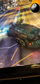 Futuristic truck navigating city roads at night, with bright lights illuminating the scene.