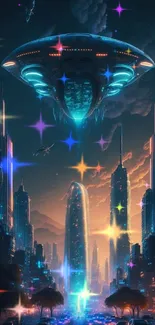 Futuristic cityscape with neon colors and a hovering spaceship in sci-fi art.