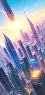 Futuristic cityscape with skyscrapers and a dynamic sunset glow.