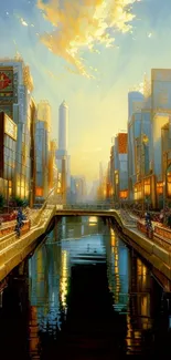 Futuristic cityscape at sunset with reflections.