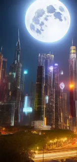 Futuristic cityscape at night under a glowing full moon.