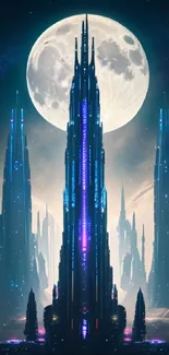 Futuristic cityscape with neon lights under a full moon.