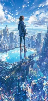 Person standing above a futuristic cityscape with a vast skyline in view.
