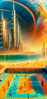 Futuristic city with volleyball court and planetary skyline.