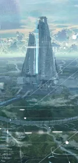 Futuristic cityscape wallpaper with skyscraper and sky.