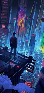 Futuristic cityscape with neon lights and mysterious figure.