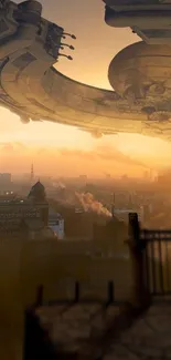 Futuristic cityscape with spaceship hovering over urban skyline at sunset.