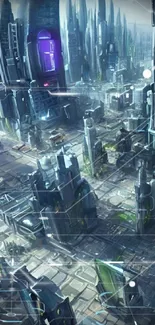 Futuristic cityscape with tall skyscrapers and urban design.