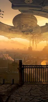 Futuristic cityscape with hovering spaceship at sunset.