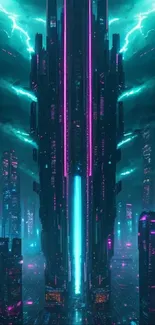 Futuristic cityscape with neon lights and stormy skies in a mobile wallpaper.