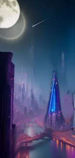 Futuristic cityscape at night with neon lights and a full moon.