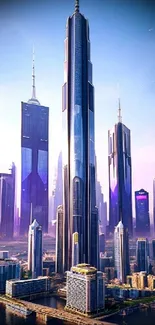 Futuristic city skyline with tall skyscrapers against a blue sky.