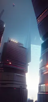 Futuristic cityscape with neon lights and skyscrapers in a sci-fi setting.