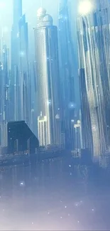 Futuristic cityscape with tall skyscrapers against a blue backdrop.