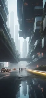 Futuristic cityscape with skyscrapers and a reflective wet street.