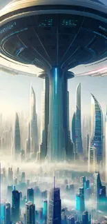 Futuristic cityscape with sleek skyscrapers and digital elements.