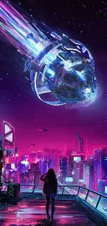 Futuristic cityscape with neon lights and sci-fi spaceship in the sky.