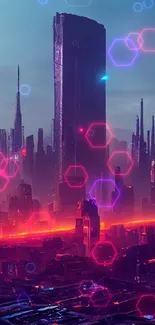 Futuristic cityscape with neon lights and tall skyscrapers.