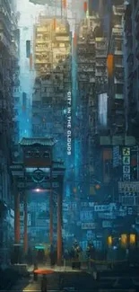 Futuristic cityscape with neon lights in a vertical urban environment.