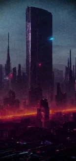 Futuristic cityscape with neon lights and dark skyscrapers.