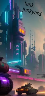 Futuristic city skyline with neon lights and tanks at dusk.