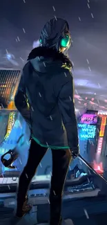 Futuristic cityscape with neon lights and a mysterious figure.