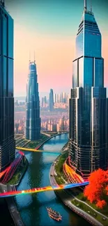 Futuristic cityscape with tall skyscrapers and vibrant sunset hues.