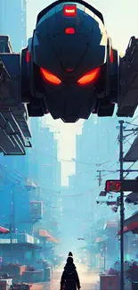 Futuristic robot head in a cityscape with blue neon hues.