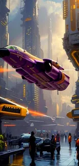 Futuristic cityscape with purple flying car and neon lights in a bustling metropolis.