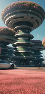 Futuristic cityscape with modern green buildings and vehicles on a pink landscape.