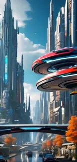 Futuristic cityscape with advanced buildings and flying vehicles.