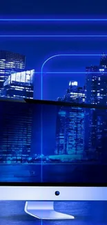 Futuristic blue cityscape with a modern computer screen in foreground.