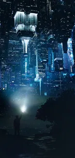 Futuristic night cityscape with person holding light