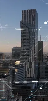 Futuristic cityscape with a digital overlay and skyscraper silhouette at dusk.