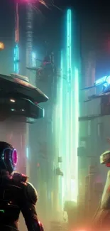 Futuristic cityscape with neon lights and a sci-fi atmosphere.