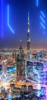 Futuristic Dubai cityscape with neon blue lights.