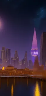 Purple futuristic cityscape under a moonlit night sky.