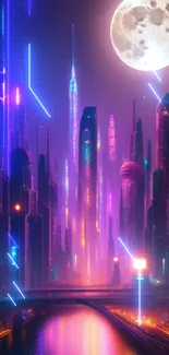 Futuristic neon cityscape with glowing colors and a full moon overhead.