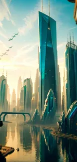 Futuristic cityscape with skyscrapers and a serene skyline.