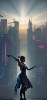 Silhouette dancer in futuristic neon cityscape at dusk.