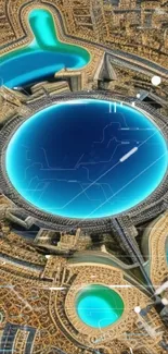 Futuristic cityscape with circular blue pool.