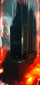 Futuristic skyscraper surrounded by fiery light streaks.