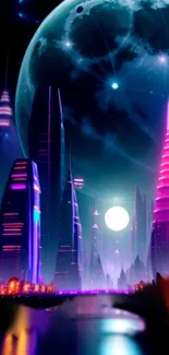 Futuristic neon-lit cityscape under a cosmic sky.