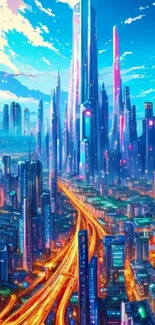 Futuristic cityscape with neon-lit skyscrapers and vibrant colors.