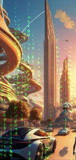 Futuristic cityscape with skyscrapers and advanced vehicles under an orange sunset.