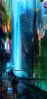 Futuristic cityscape with neon lights and tall buildings.