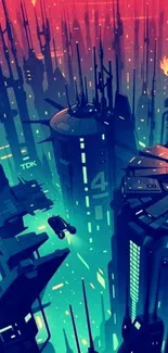 Futuristic cityscape with neon lights and skyscrapers in a vibrant digital design.